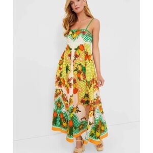 Caroline Constas tropical fruits green cream orange maxi dress NEW